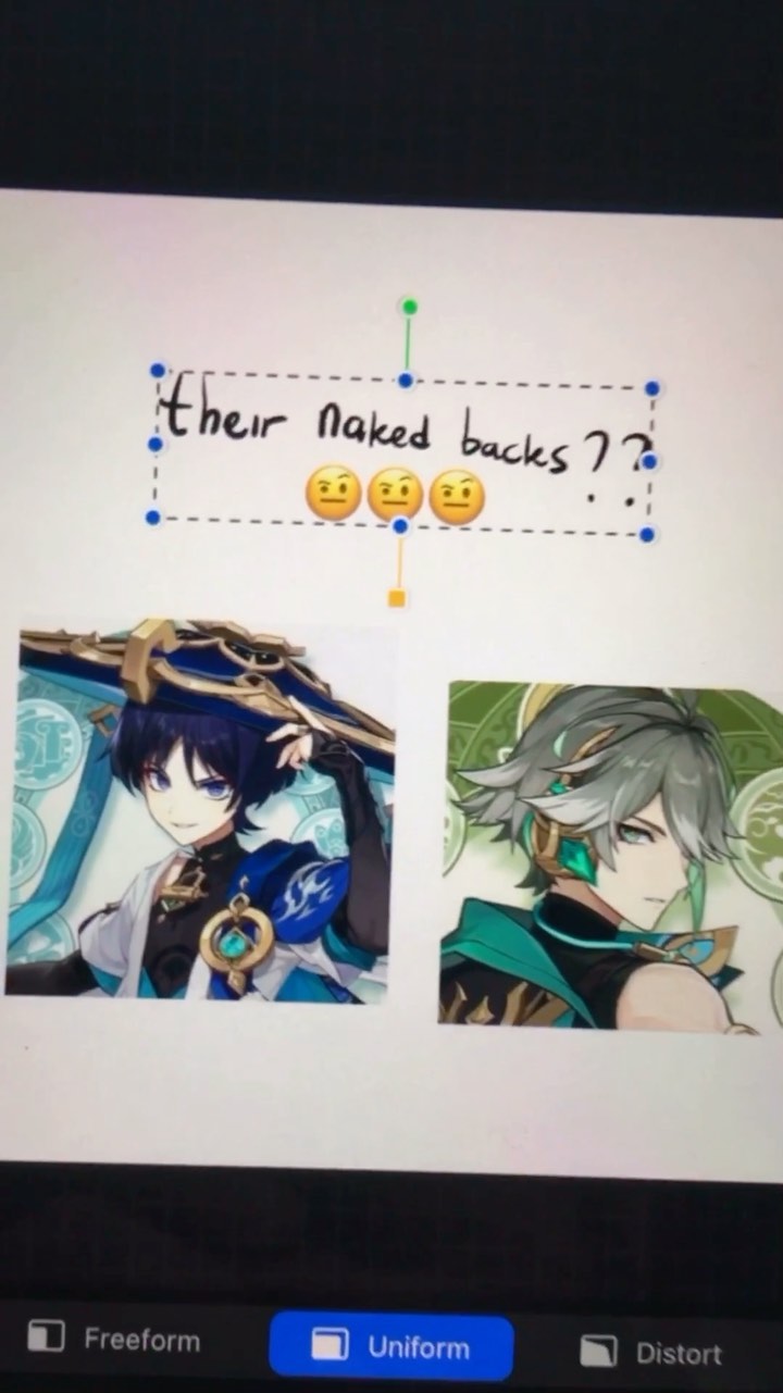 the image shows a screenshot of a digital art editing program.  two images of genshin impact characters, aether and lumine, are displayed. a text box above them says "their naked backs???" accompanied by three frowning face emojis. the context suggests a humorous or memelike reaction to the possibility of seeing the characters' backs exposed. the overall tone implies some level of playful concern or disapproval of such content. the bottom of the image shows typical editing tool options such as "freeform," "uniform," and "distort."