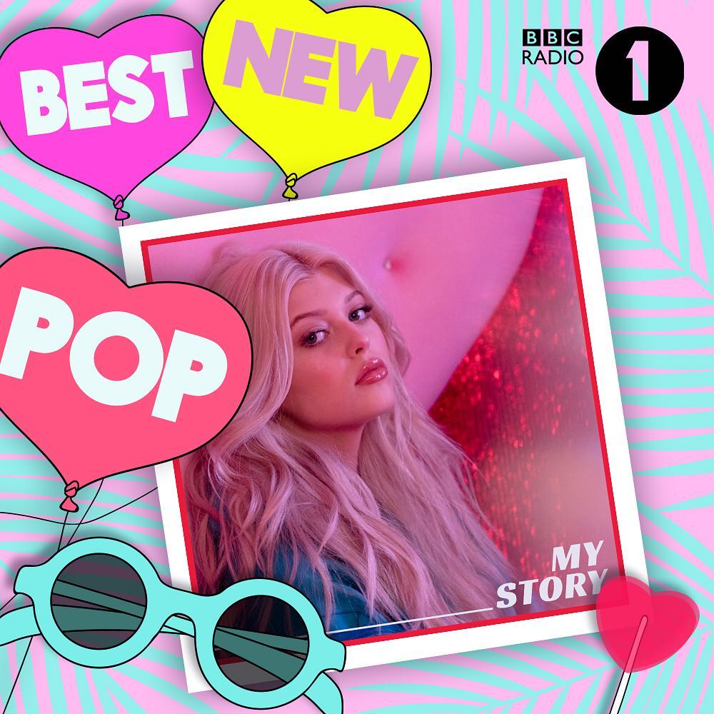 the image is an album cover or promotional graphic for pop music, featuring a blonde woman, likely the artist, and a colorful, playful design. the graphic includes elements like heartshaped balloons with the words "best new pop", sunglasses, a heartshaped lollipop, and the bbc radio 1 logo. the background is pink with a tropical leaf pattern. the woman's photo is framed in a white border with the words "my story" at the bottom right.