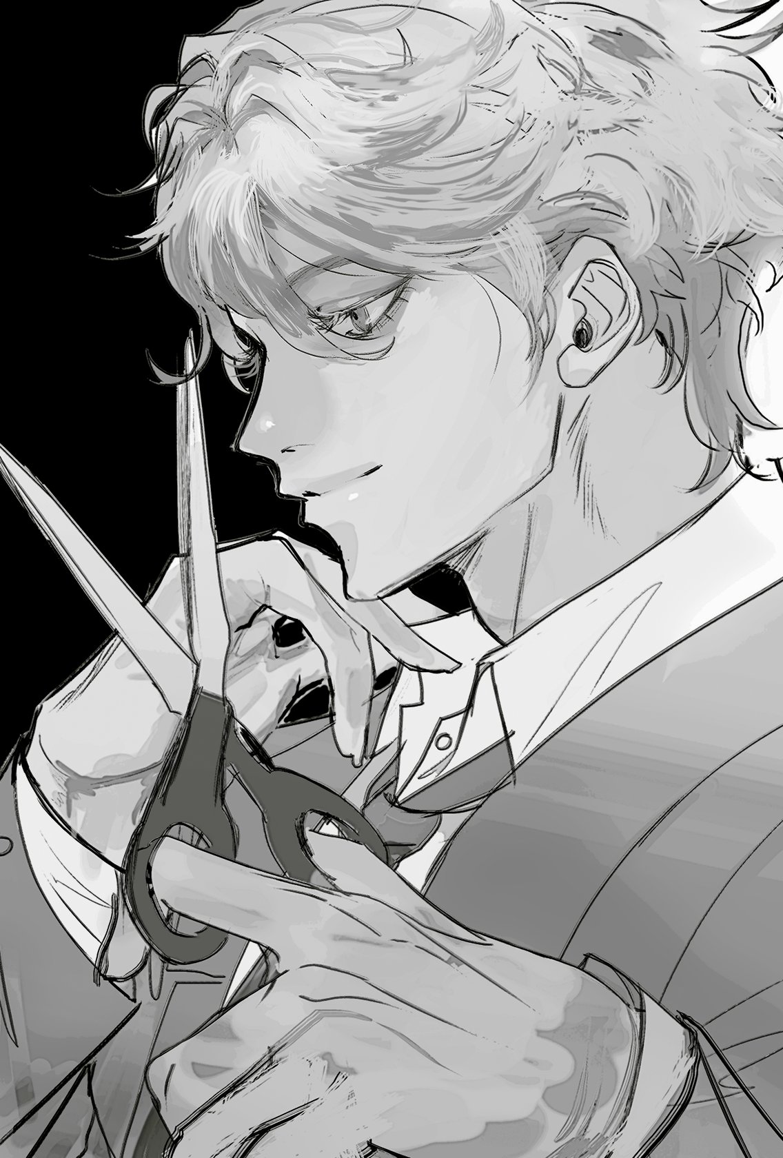 a grayscale illustration of a stylish young man with short white hair holding a pair of scissors. he is wearing a suit and tie, and his expression is mysterious and perhaps a little dangerous. the image has a stylish, trendy feel.