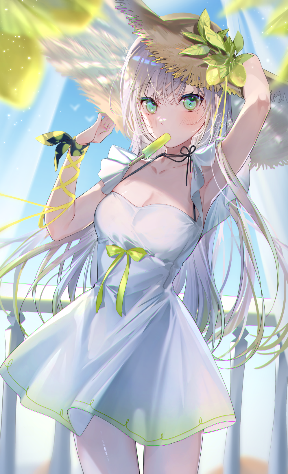 the image is a digital painting of an anime girl enjoying a summer day at the beach. she is wearing a light blue sundress and a large straw hat adorned with lemons and lime leaves.  she is holding a lime popsicle and her long silver hair flows around her. the overall style is cute and cheerful. the setting appears bright and sunny, with a hint of a balcony or railing visible in the background. the colors are soft and pastel, creating a serene and idyllic summer atmosphere.