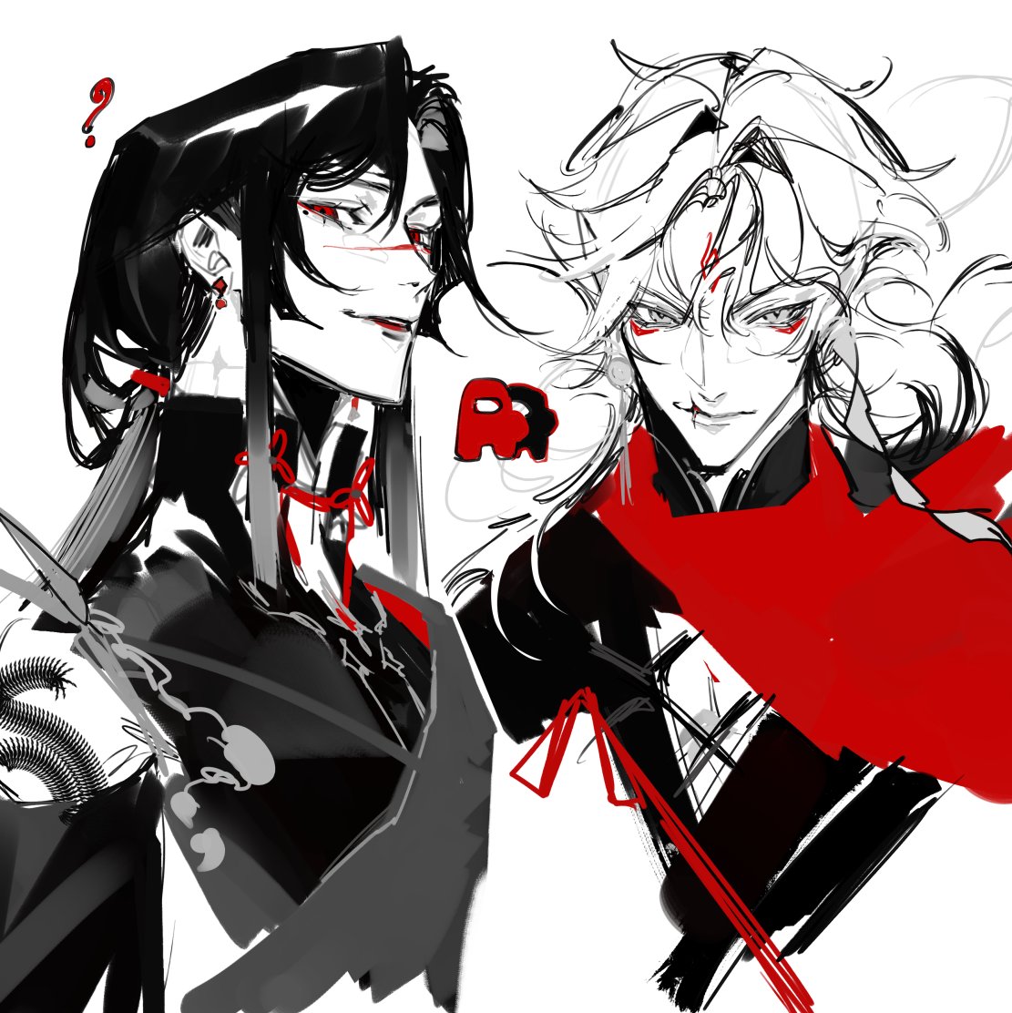 this is a digital artwork of two anime males. they are both dressed in black clothing with red accents. the male on the left has long black hair, and his face is shadowed in the artwork. he has a small red neckless on and looks to the right side of the image. the male on the right has long white hair and red eyes. he is wearing a red scarf and is looking to the left side of the image. the background is white and black, while the characters have red accents.