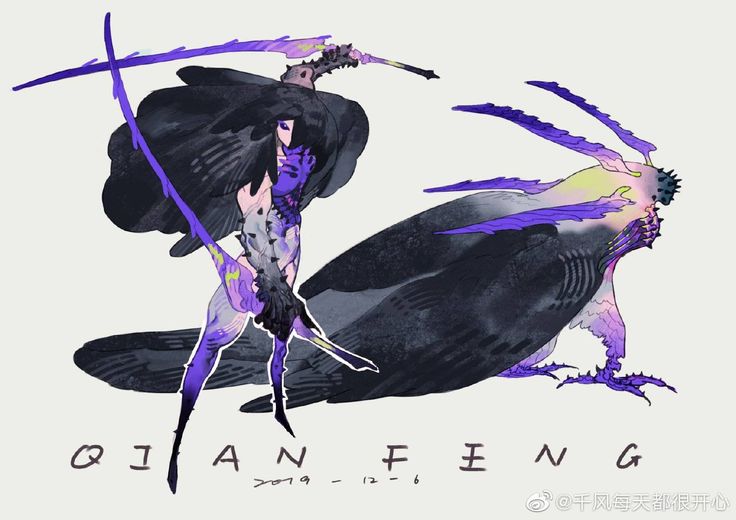 the image is a digital painting of a fantasy creature design.  it depicts a female warriorlike figure with long dark hair and purple accents, wielding two stylized swords. she is partially merged with or closely associated with a large birdlike creature that has purple and yellow highlights on its wings and body. the style is abstract and stylized, with a focus on form and color rather than strict realism.  the artwork is signed with the artist's name "qi an feng" and a date. the overall mood is dark, mystical, and elegant.