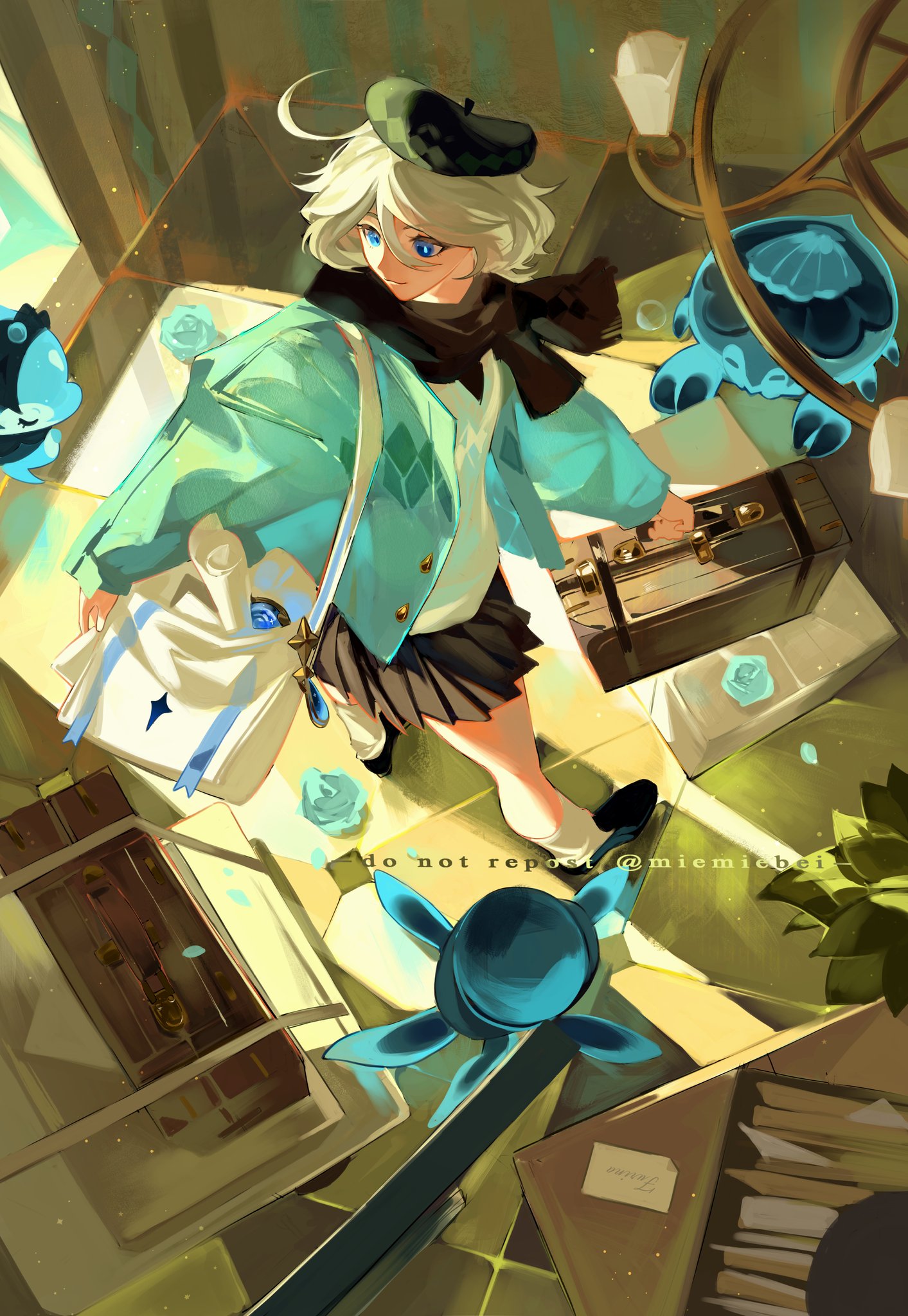 an anime girl with white hair, a blue beret, a green jacket, a white bag, and a black skirt, stands in a room with a suitcase, surrounded by blue and green objects. she is looking at the camera, and the light is shining on her, making her look very bright and cheerful. the room is messy and cluttered, with books and other objects scattered on the floor. there is a window in the background, and the sun is shining through it, casting a warm glow on the scene. the girl is smiling, and she looks like she is having a good time. the image is very colorful and vibrant, and it has a very positive feel.