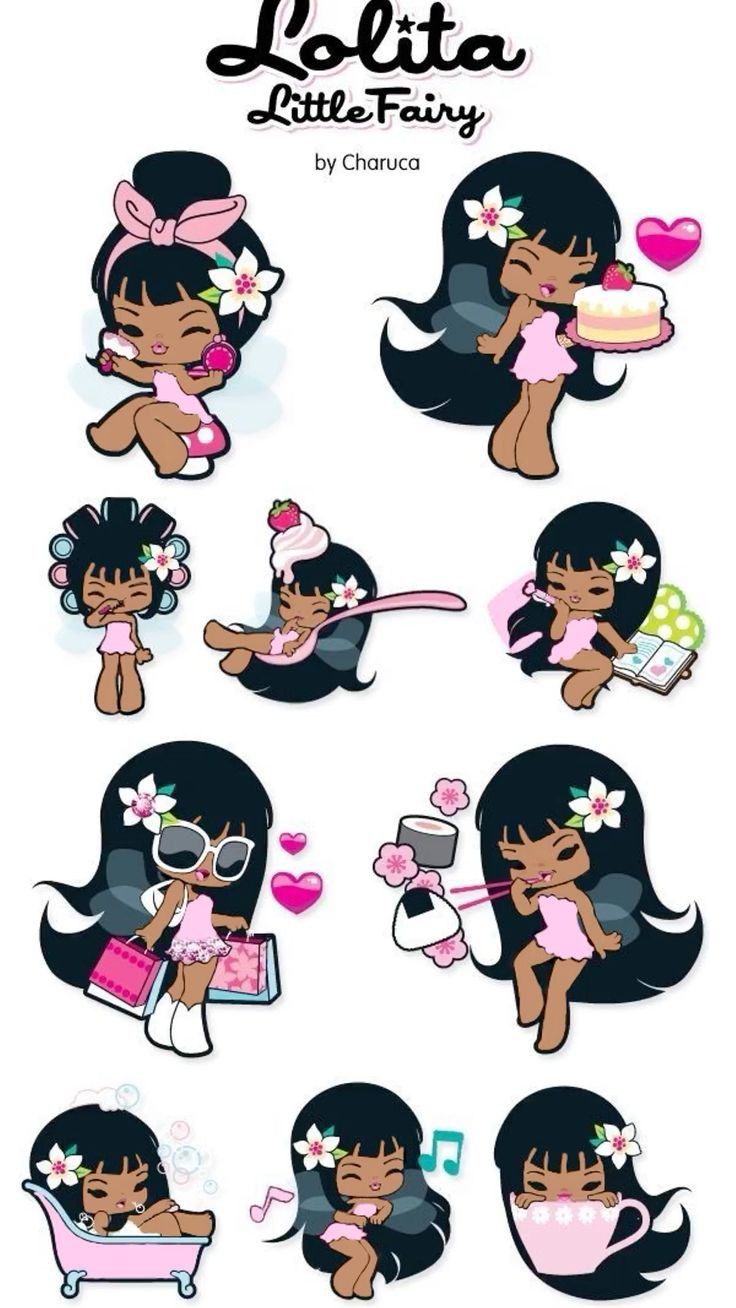the image contains cartoon illustrations of a character named lolita, described as a "little fairy" by charuca. the cartoon character is a little girl and has a cute appearance and is depicted in various scenes such as eating a cupcake, eating sushi, taking a bath, reading a book, shopping, and enjoying music. the artwork has a playful and whimsical style.