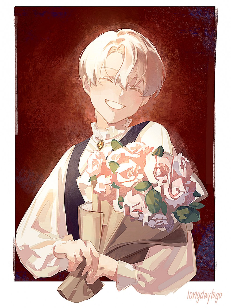 the image is a digital painting or illustration in an anime style.  it depicts a young man with short, light blonde or white hair, closed eyes, and a gentle, happy smile. he's wearing a light beige or creamcolored shirt with a darker vest and a ruffled collar. he is holding a large bouquet of light pink and purple roses wrapped in brown paper. the background is a deep reddishbrown. the overall style is soft, romantic, and elegant. the art style suggests a gentle and kind personality for the character.