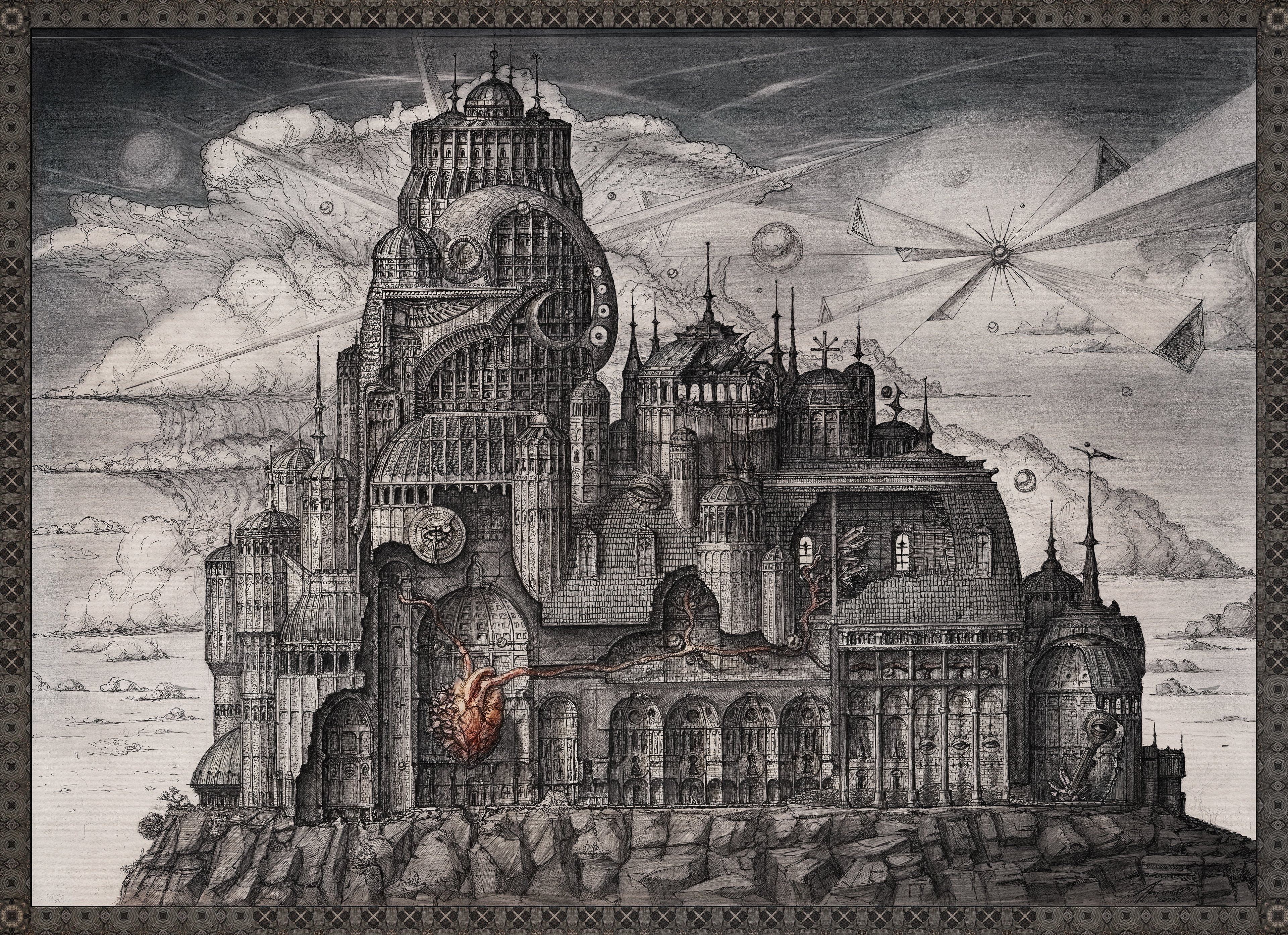 the image is a meticulously detailed grayscale drawing, possibly a pencil sketch, depicting a fantastical steampunk city or castle perched on a rocky outcrop.  the architecture is a complex blend of gothic and mechanical elements.  the city is shown in crosssection, revealing its intricate inner workings, including what seems to be a large, exposed heart connected by tubes and vines.  the sky is filled with clouds, strange floating orbs, and what resembles a burst of light or energy radiating from above. the overall aesthetic is surreal and potentially apocalyptic or esoteric, combining organic and inorganic elements in a breathtakingly detailed scene. the style evokes a sense of both vintage and futuristic elements simultaneously.