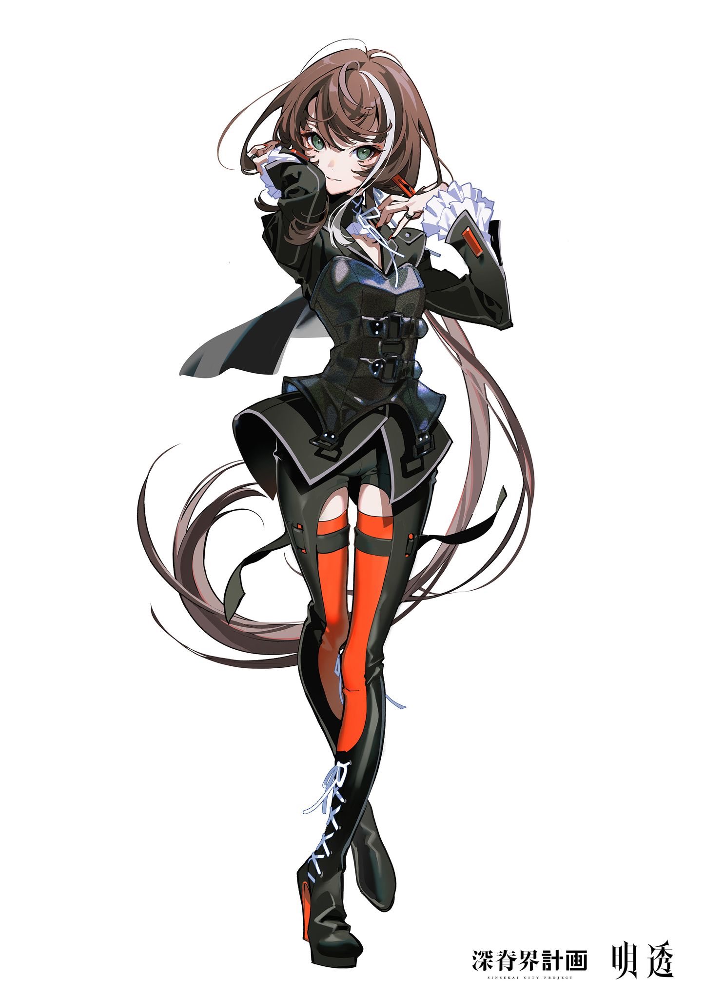 the image is a digital illustration of a female anime character against a plain white background. she has long brown hair with a section colored white, and green eyes. she wears a stylish black outfit featuring a jacket, shorts, thighhigh boots with red accents, and a white undershirt with red details. the character is posing confidently with one hand touching her hair. the illustration features sharp lines and a vibrant color palette.  there is japanese text in the bottom right corner, likely the artist's signature or series information.