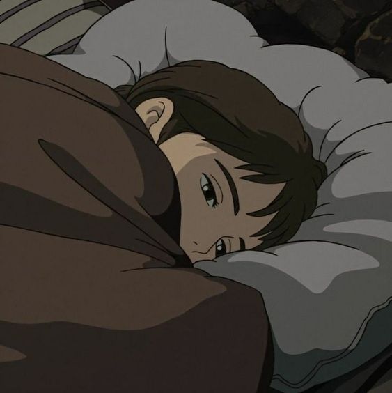a young woman with short brown hair lies in bed with her eyes open, staring sadly into the distance. her expression and the muted color palette evoke a sense of loneliness and melancholy.  she is partially covered by a darkcolored blanket.