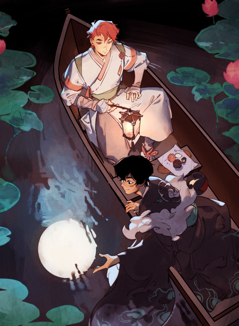 two men are in a boat on a lake surrounded by lily pads. the man in the back is holding a glowing orb while the man in the front is holding a lantern. they are both wearing traditional japanese clothing.