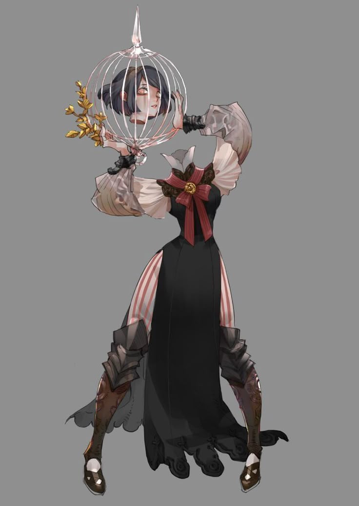 a gothic style illustration of an animestyle woman or girl with her head held in a cage decorated with gold leaves, wearing a dress with ruffled sleeves and a red bow, and armor on her legs and shoes.