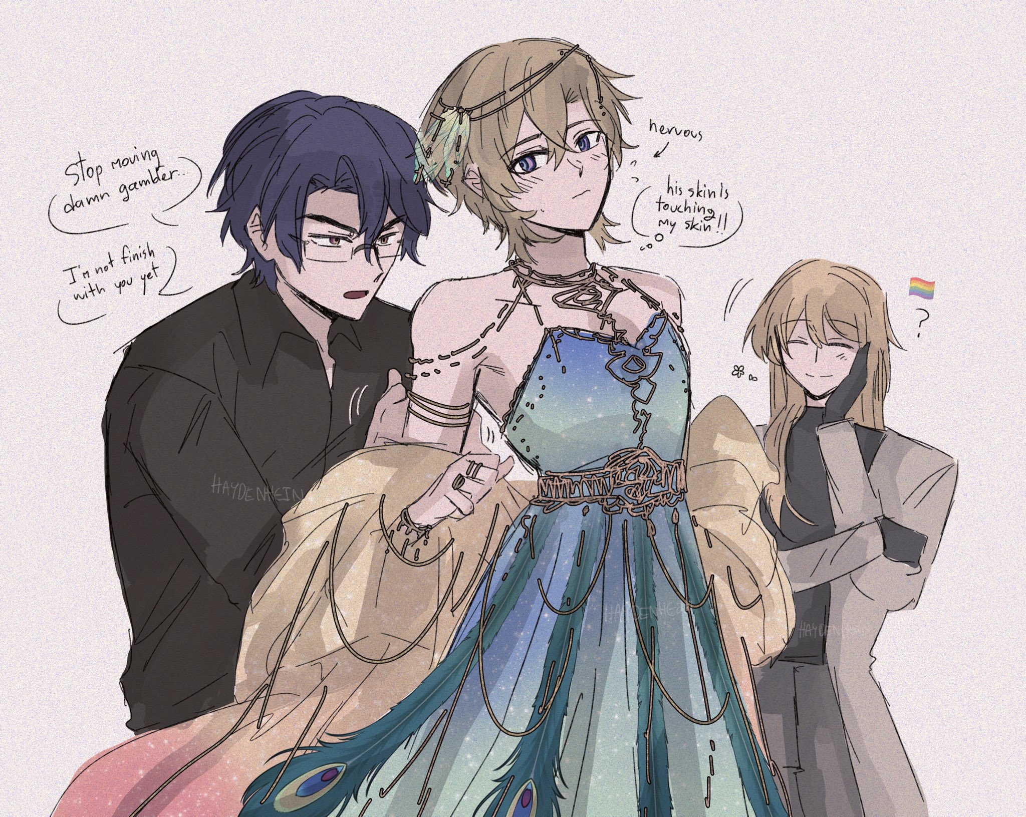 the image depicts three anime characters. in the center, a man with long blonde hair is wearing a beautiful blue and gold peacock feather dress, while a man with dark blue hair,  is gently adjusting the dress, he is looking at the blonde man, blushing and smiling,  with a playful and caring expression.  beside them, there's a woman with long blonde hair who's smiling sweetly at them.  the scene appears to be a romantic moment of dressing up for a special occasion, with the couple radiating joy and love. the rainbow flag in the background subtly hints at their lgbtq+ relationship. the art style is vibrant and youthful, capturing a warm and loving atmosphere.