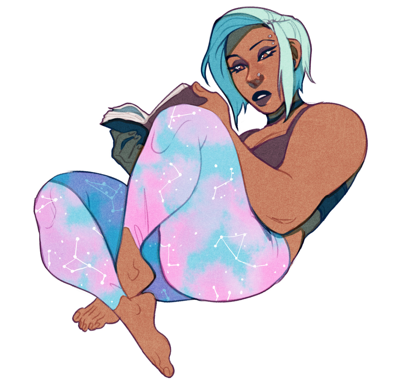 a young woman with teal blue hair and multiple piercings is comfortably seated on the floor, engrossed in a book. she is wearing a sleeveless top and galaxyprint leggings, showcasing a casual and relaxed vibe. the soft lighting suggests a cozy indoor setting, perhaps her home. the illustration style is digitally rendered with smooth lines and a focus on character and fashion.