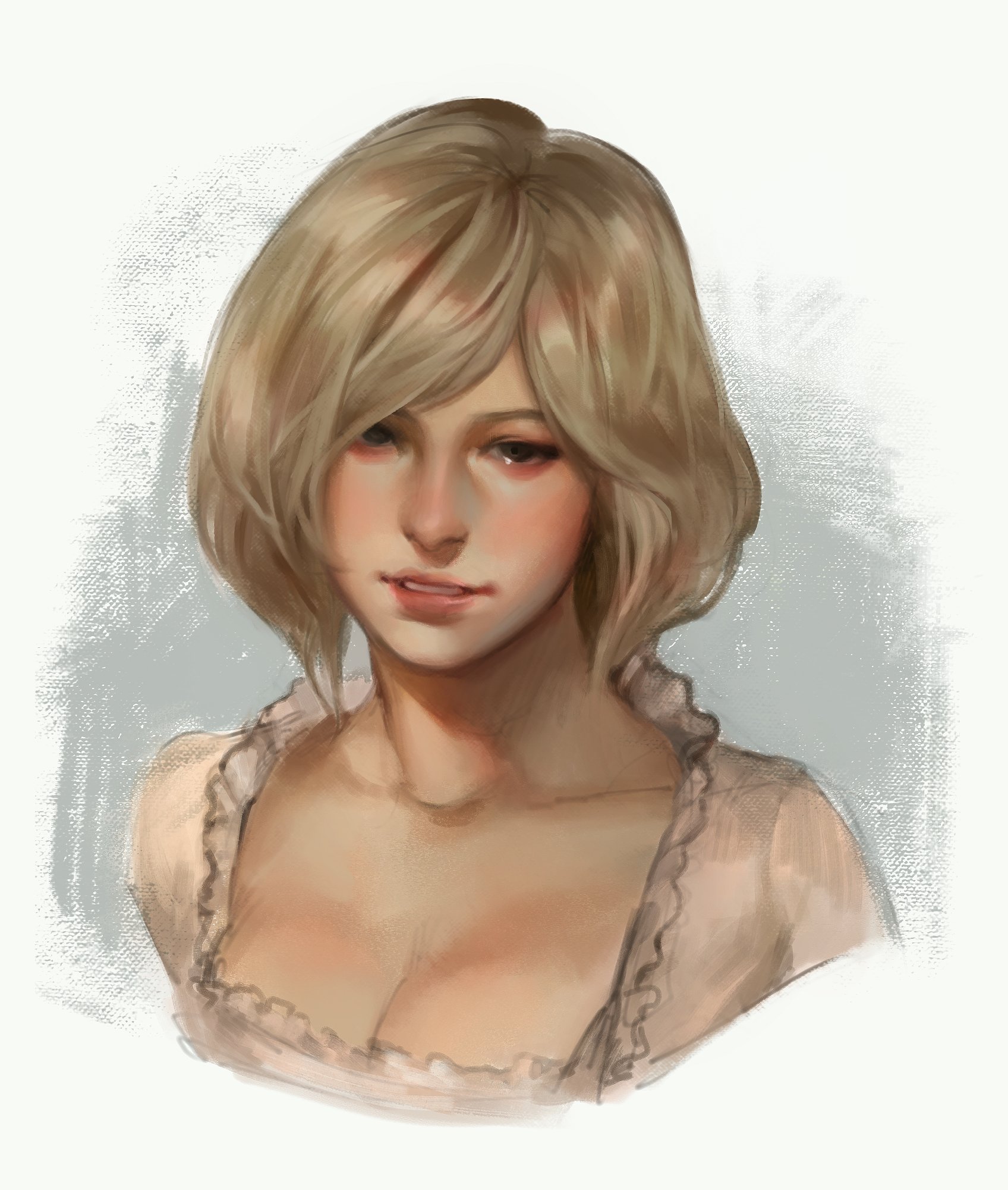 a digital portrait of a fairskinned woman with blonde, short hair. she is wearing a lightcolored dress with a ruffled neckline. her shoulders and collarbone are visible. the style of the portrait suggests artistic rendering with semirealistic features. her expression includes a subtle lip bite.