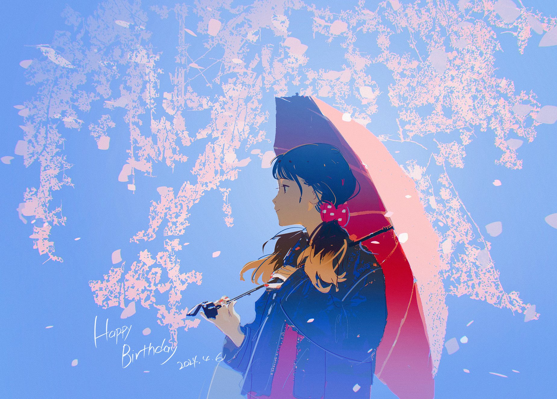 an anime illustration of a girl, seen from the side, holding a red umbrella under a shower of cherry blossom petals. the background features a bright blue sky and stylized white branches of a cherry tree. the artwork includes a "happy birthday" message.