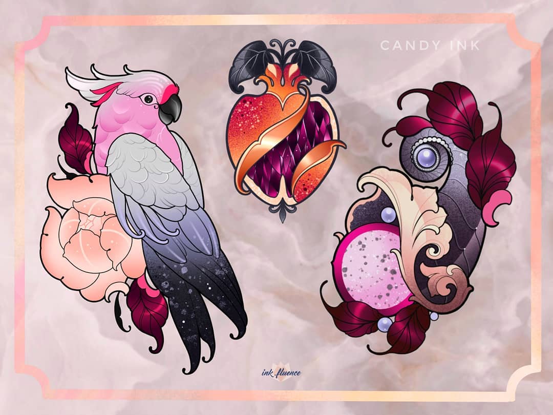 the image showcases three tattoo designs. the first features a pink and grey galah parrot perched on a blooming pink rose with dark red leaves. the second design depicts an anatomical heart adorned with gold accents, encasing a large purple gemstone against an orange background and framed by dark grey leaves. the last design presents a swirling, baroqueinspired arrangement with a pink gemstone centerpiece, smaller pearls, and dark leaves, all connected by ornate filigree. the designs are set against a textured, pale pink background, and the overall aesthetic blends realism with decorative elements.