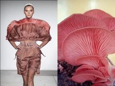 the image is a split image showing a fashion model wearing a pink dress with a mushroom on the right side. the model is on a runway and the dress is very stylish and elegant. the mushroom is a bright pink and has a very unique shape.
