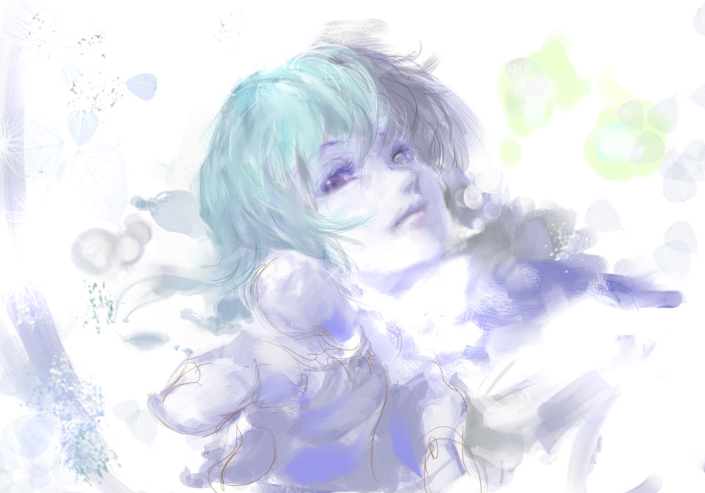 a digital painting of a young woman with bluegreen hair and large, expressive eyes. she is depicted in a dreamy, ethereal setting with soft, pastel colors and a sense of delicate beauty. her face is partially obscured by her hair, creating a sense of mystery and intrigue. the painting evokes a sense of wonder and enchantment.