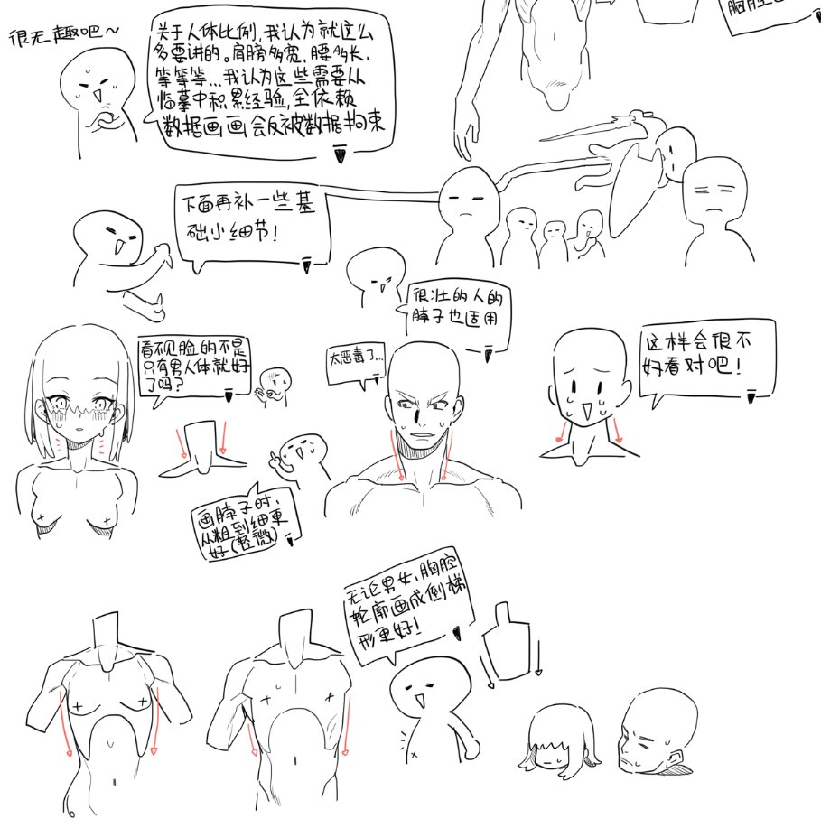 the image is a collection of drawing tutorials and sketches, focusing on human anatomy, particularly the neck, shoulders, chest, and overall body proportions in an anime/manga style. there are notes in chinese giving advice on drawing proportions, suggesting to rely on experience and observation rather than strict data. the sketches show examples of different neck and shoulder shapes, chest structures, and head positions. several speech bubbles contain comments and opinions about the drawing process.