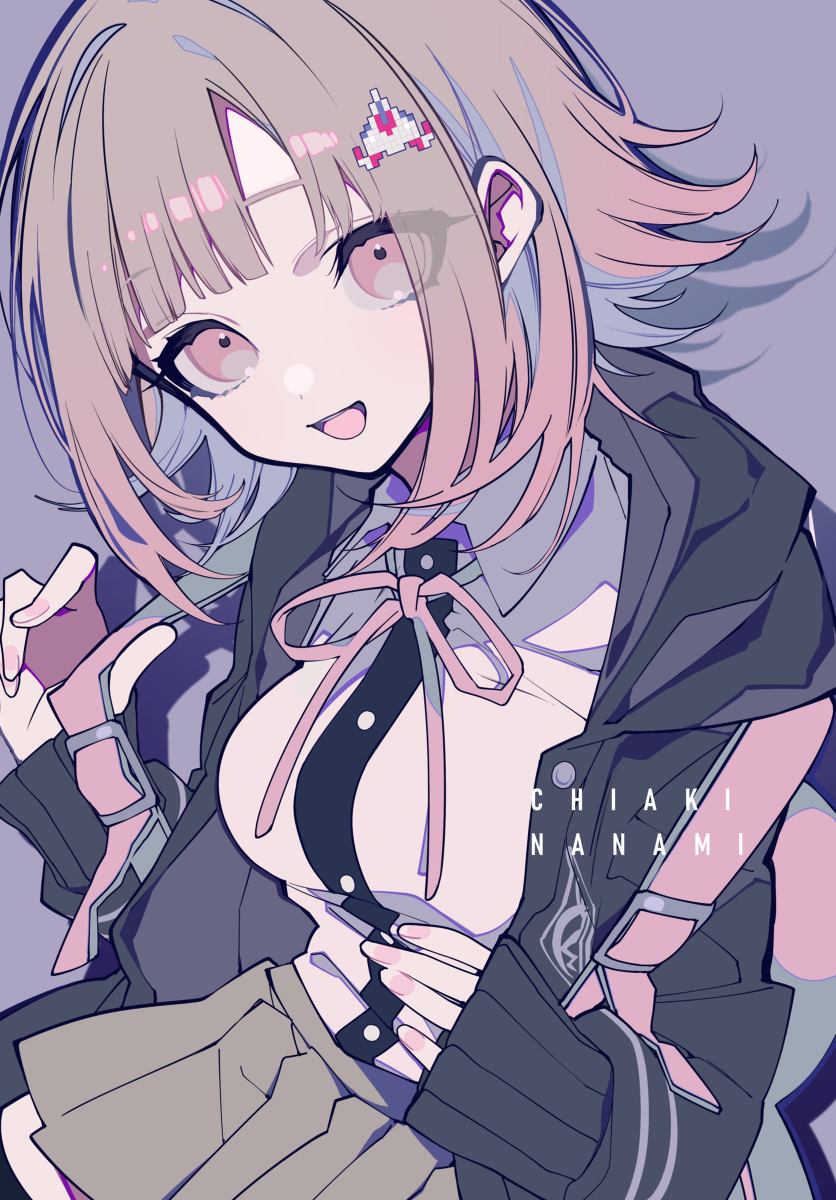 an animestyle illustration of chiaki nanami, a character from the danganronpa series. she has short, pink hair and is wearing a school uniform. she has a small, smiling expression. her hair is adorned with a pixelated arcade gamethemed hair clip. the image has a soft, pastel color palette. the character's name, "chiaki nanami," is written vertically to the right of her torso.