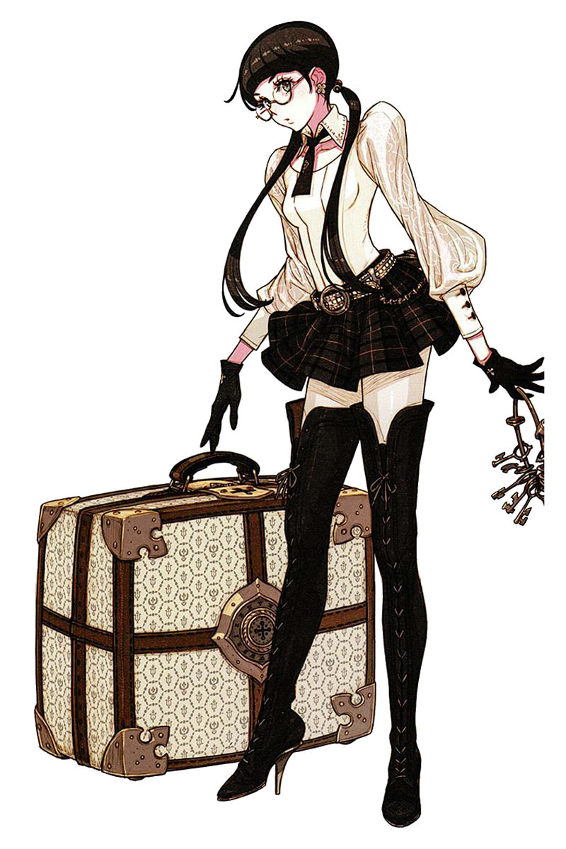 a young woman with long black hair and glasses, dressed in a stylish outfit blending gothic, victorian, and steampunk elements, stands with a large ornate suitcase and holds a set of keys.