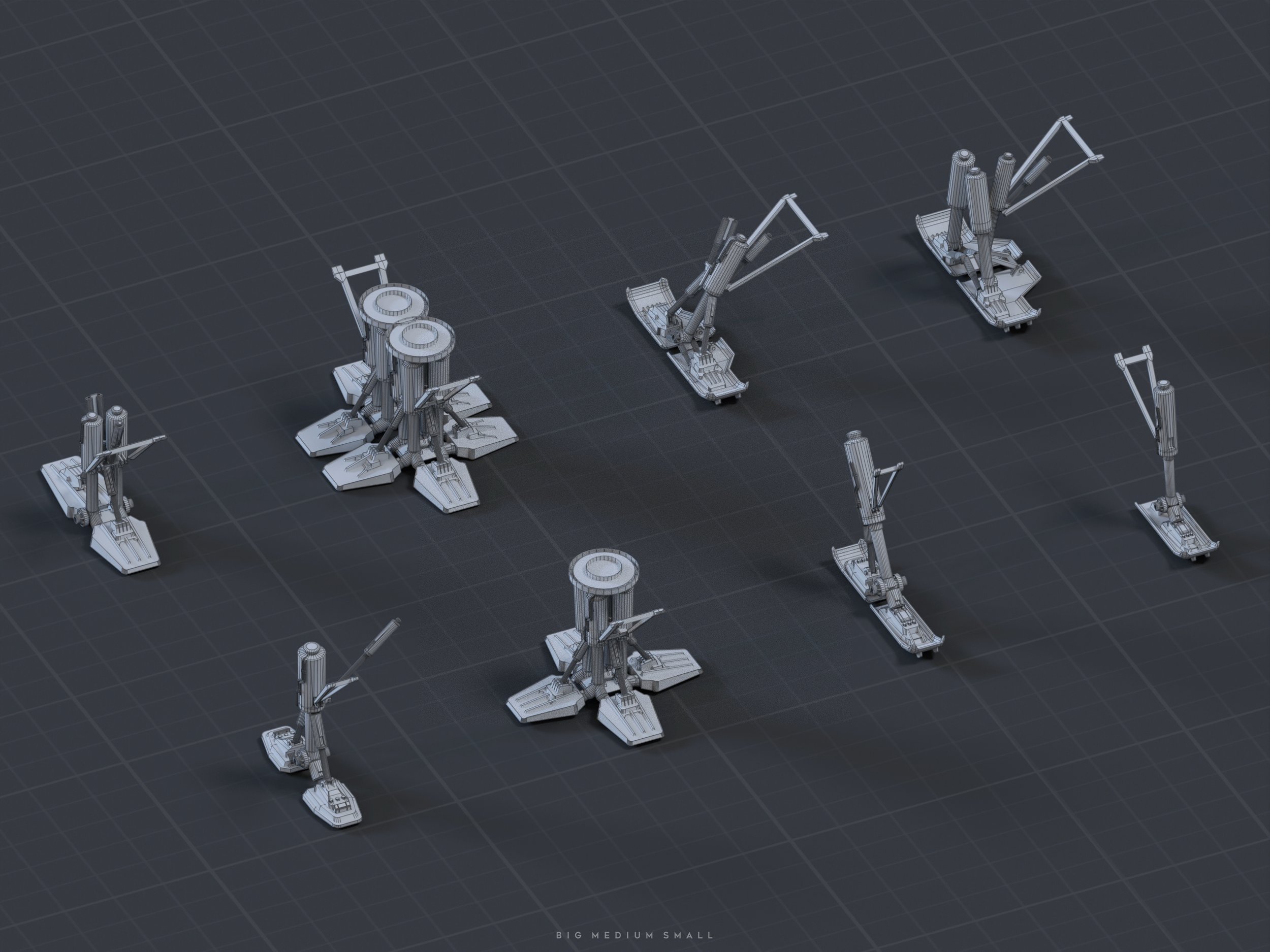 the image showcases a collection of 3d wireframe renders depicting various mechanical devices or components.  these appear to be futuristic or scifi in design, with a range of sizes – labeled as "big, medium, small" – suggesting different scale variations of a similar design. each device has a unique configuration, showcasing potentially different functionalities or stages of development. the gray wireframe rendering style emphasizes the mechanical details and skeletal structure of the objects, highlighting joints, mechanisms, and overall structure, against a dark gray grid background. the presentation is clean and organized, allowing for easy comparison of the different models.