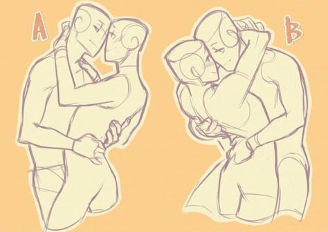 the image shows two sketches labeled a and b depicting a couple in an embrace.  both sketches are drawn in a light, simple style with clear lines.  the sketches show the couple in different poses, both affectionate and loving.  the first sketch shows the couple standing with the woman on her tip toes, the second shows the man holding the woman close.  the sketches are drawn on an orange background.