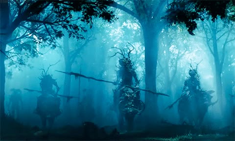 a bluetoned, foggy forest scene depicts three mounted creatures riding towards the viewer. the creatures, possibly warriors, have antlers on their heads and carry spears. the atmosphere is dark, mysterious, and otherworldly.