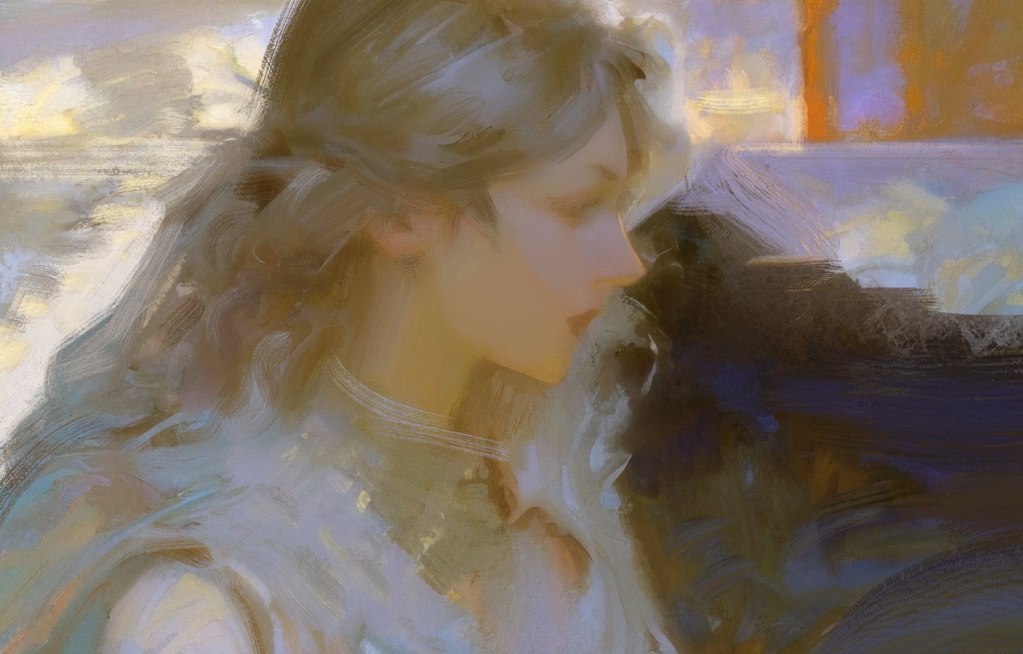 this is a painting of a woman with long blonde hair. she is looking down and her face is soft and dreamy. the painting is done in an impressionistic style, with soft focus and blurry details. the colors are muted and romantic.  the woman is likely wearing a white or light colored dress.
