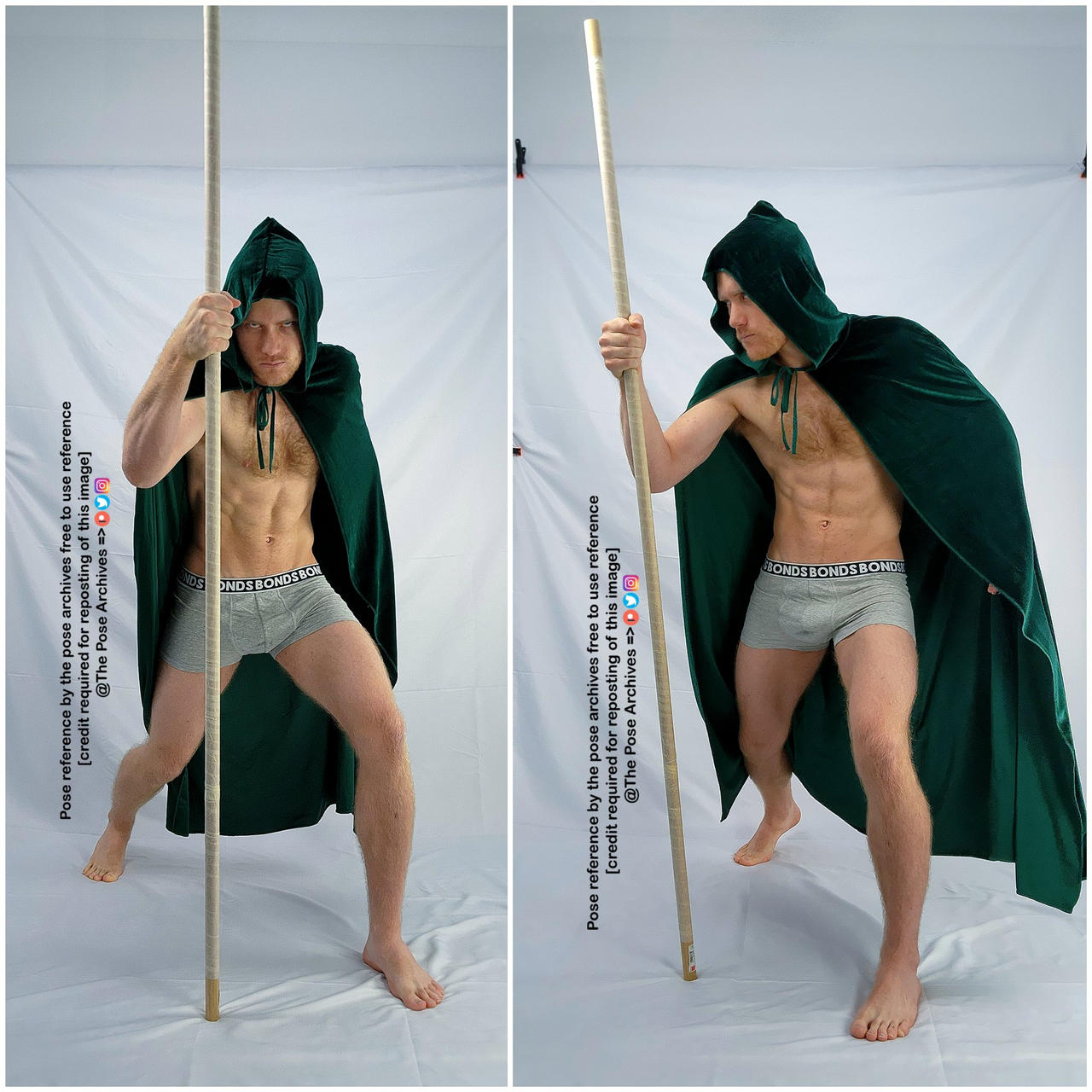 a caucasian male wearing green cloak and underwear, holding a staff is posing in front of a white background. he is lit with studio lighting.