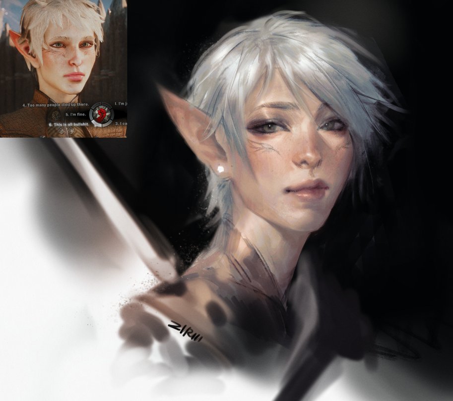 he image shows a digital painting of a young female elf. the style is realistic with soft lighting and shading. the elf has white hair, pointed ears, and pale skin. the artwork includes a smaller inset image of what seems to be the same elf character from a video game. the artist's signature or username, "zirui," is visible on the painting. the color palette is muted, emphasizing the delicate features of the character. the elf appears calm and serene. the background is dark, focusing attention on the character. the overall impression is one of beauty and grace.