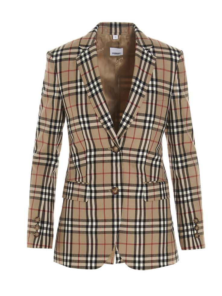 the image shows a burberry blazer with a plaid pattern. the blazer is beige with black, white, and red lines creating a classic plaid design. it is a formal outerwear piece, likely part of a larger clothing ensemble. the blazer has two buttons, visible pockets, and buttons on the sleeves. the overall impression is that of a highend, stylish, and formal garment.