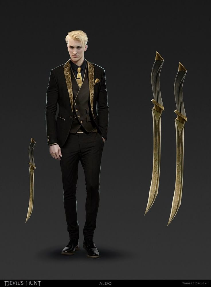 a fullbody digital illustration of a character named aldo from the "devils hunt" game. he is a fairskinned man with blonde hair, wearing a black suit with gold trim, a matching vest, tie, and pocket square. his hands are in his pockets. to his right and left are daggers with black handles and gold blades.