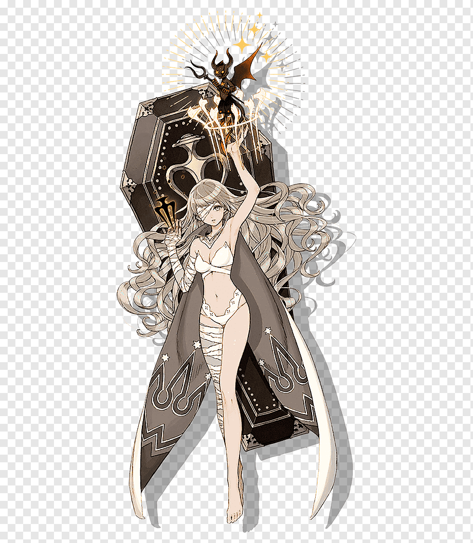 the illustration features a young woman with flowing white hair, partially clad in white lingerie and bandages. she stands atop a stylized coffin emblazoned with mystical symbols, her left hand raised as if casting a spell. a small, impish figure with horns and wings perches on the coffin above her hand, surrounded by a shower of sparks and stars. the overall palette is muted, with shades of brown, grey, and white dominating, lending the scene a slightly eerie and otherworldly feel.