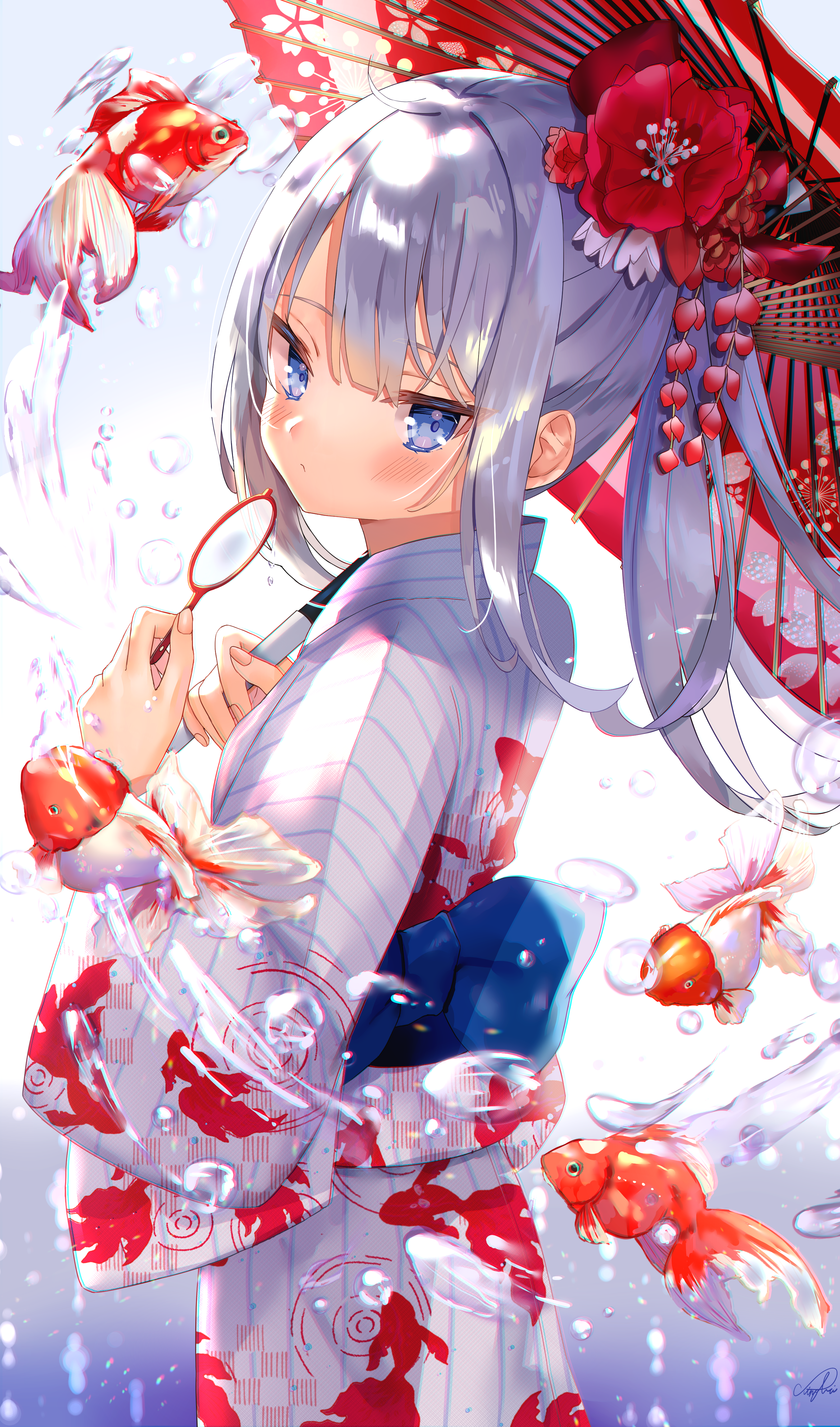 the image is a digital painting of an anime girl wearing a yukata, a traditional japanese summer garment. she is holding a red and white umbrella and has her hair styled with a red flower. goldfish are swimming around her, creating a whimsical and enchanting scene.  the overall style is soft and dreamy, with a focus on vibrant colors and delicate details. the artist has captured a beautiful and ethereal aesthetic.