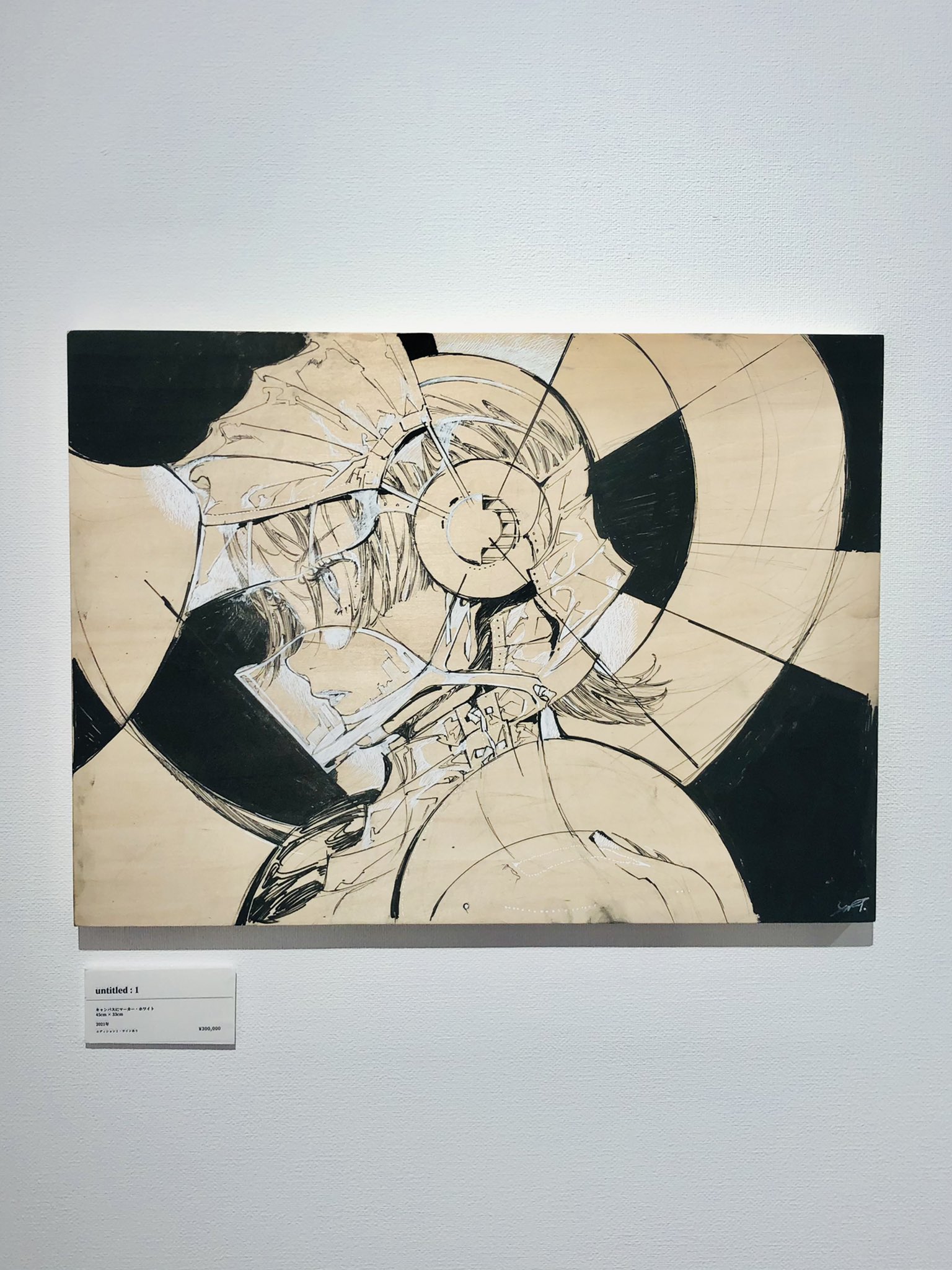 a drawing of a woman wearing a helmet, seemingly made from metal, is displayed on a white wall. the drawing uses black and white colors, with shades of gray. the woman's face is partially visible through the helmet, with her eyes looking to the left side. the background features geometric patterns, including circles and squares, adding to the artistic composition.  a small white card beneath the artwork likely provides details about the piece and the artist.