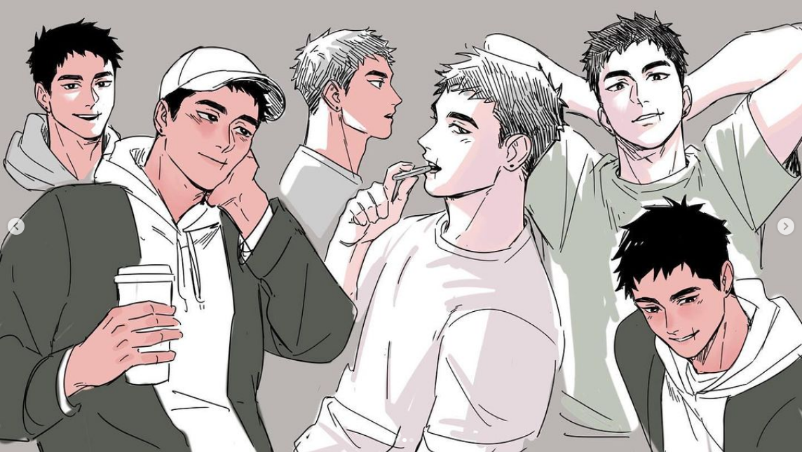 the image showcases a series of character sketches of a young man in various poses and expressions.  he's depicted in casual attire, including hoodies and tshirts, exuding a relaxed and approachable vibe. the sketches explore different angles and viewpoints, capturing his features and personality.  the style is loose and expressive, with a focus on line work and minimal shading.
