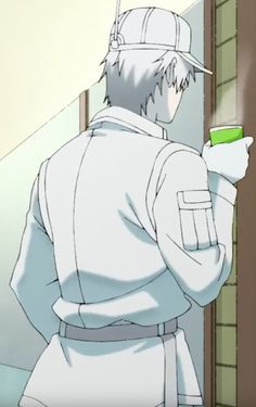 the image shows the back of an anime character wearing a white uniform and cap. the character is holding a green beverage in their right hand. the setting appears to be indoors, and the lighting is soft.