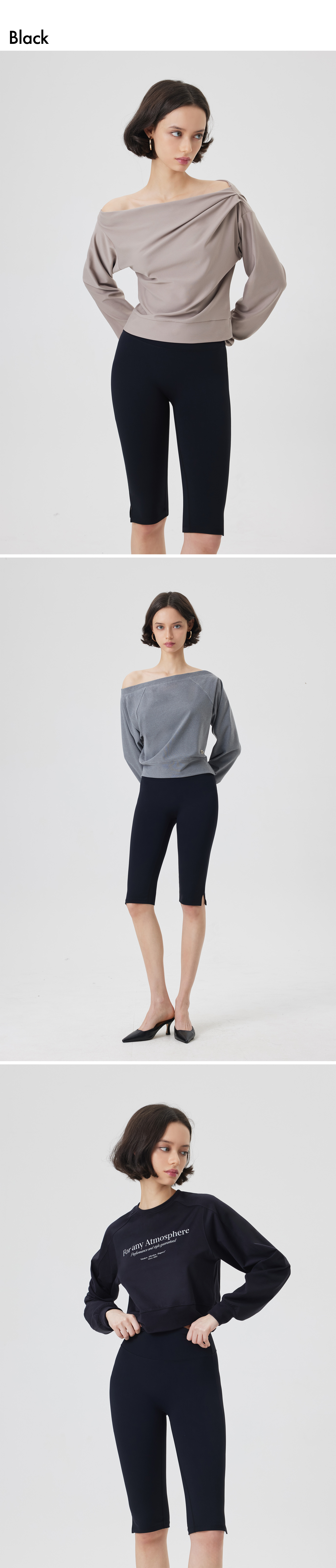 a composite image shows three different models wearing different outfits, all of which include black capri leggings. the first model wears a tan offtheshoulder top with the black leggings. the second model wears a gray offtheshoulder top with the same leggings. the third model wears a black longsleeved shirt with some writing on the chest, paired with the black leggings.