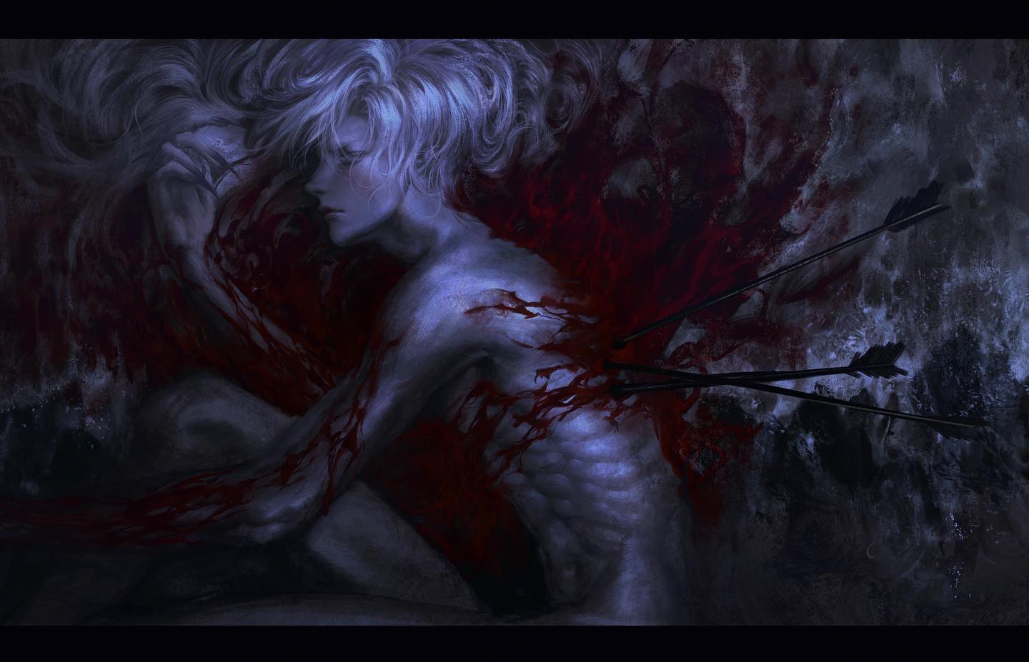 the image depicts a young man, seemingly deceased, slumped against a dark, bloodsoaked wall. his pale, lifeless body is pierced by multiple arrows, highlighting the brutality of his demise. the lighting is stark and dramatic, casting deep shadows that emphasize the figure's anguish and the overall macabre atmosphere. the palette, dominated by dark blues, grays, and reds, further enhances the image's somber and tragic tone.