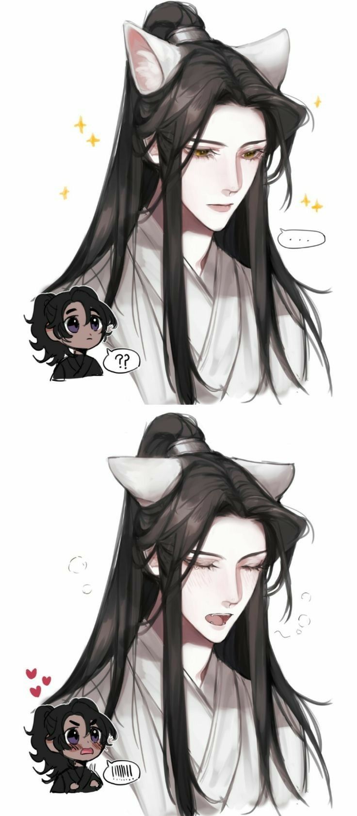 the image is a twopanel digital fan art of two male characters in an anime style. the top panel shows a character with long black hair, cat ears, and wearing white clothing. he has a small speech bubble with ellipsis marks. a chibi version of another character with black curly hair looks at him with a confused expression and a speech bubble containing question marks. the bottom panel shows the first character with his eyes closed, slightly open mouth, and a sleepy expression, with three small circles indicating sleepiness. the chibi character now has two hearts next to him and a speech bubble with a scribbled exclamation. the art is likely based on the characters wei wuxian and lan wangji from the untamed.