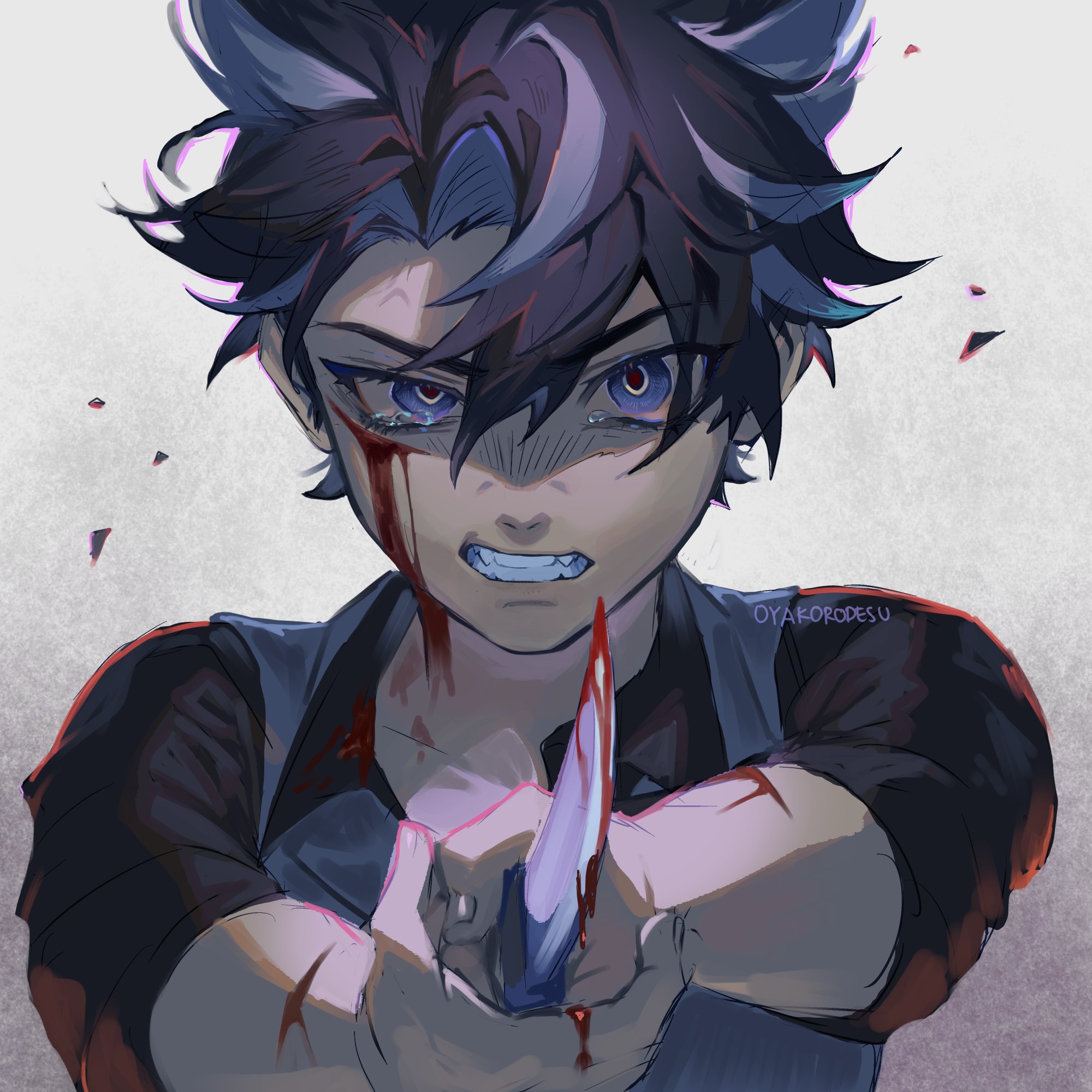 this image shows a closeup of a young anime character with purple hair and red eyes, holding a knife and crying. he has blood on his face and arm and a dark, serious expression. the background is a light gray with some scattered pieces of broken glass, hinting at violence. this image is visually striking and emotionally charged, conveying a sense of despair and anger.