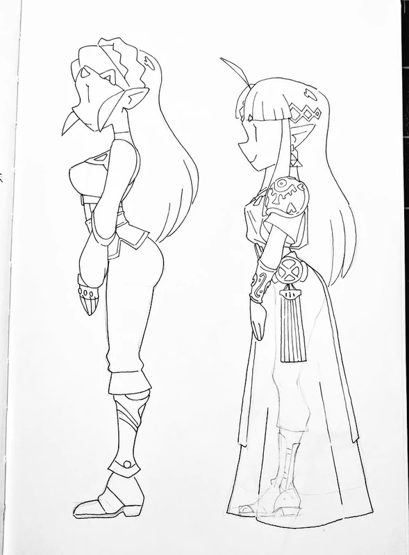 a black and white drawing of two female characters, both in a warriorlike pose. one is dressed in a more armored and tactical attire, while the other is more dressed in an elegant, princesslike way. both have a similar hairstyle with long flowing hair.