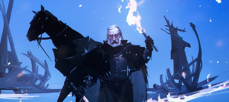 the image is a digital painting depicting a fantasy scene.  a grizzled, elderly warrior with long white hair and a beard, clad in dark clothing, stands astride a black horse. he holds a flaming torch aloft in one hand and what appears to be a sword in the other. the background features the wreckage of numerous vikinglike ships in a cold, desolate landscape under a clear blue sky. the overall style is dramatic and evocative, hinting at a story of adventure and loss.  the color palette is largely cooltoned, emphasizing the cold and somewhat melancholic atmosphere. the artwork is highly detailed and has a painterly quality.