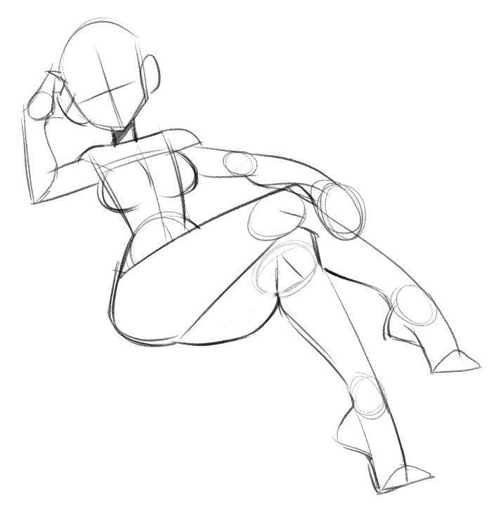 this is a sketch of a female anime character sitting with her right leg bent over her left. she is leaning back, her head is tilted slightly, and her left arm is bent and resting on her leg. she is wearing a simple outfit and has a long, flowing hair. the drawing is done in pencil and shows the basic shapes of the character’s body.