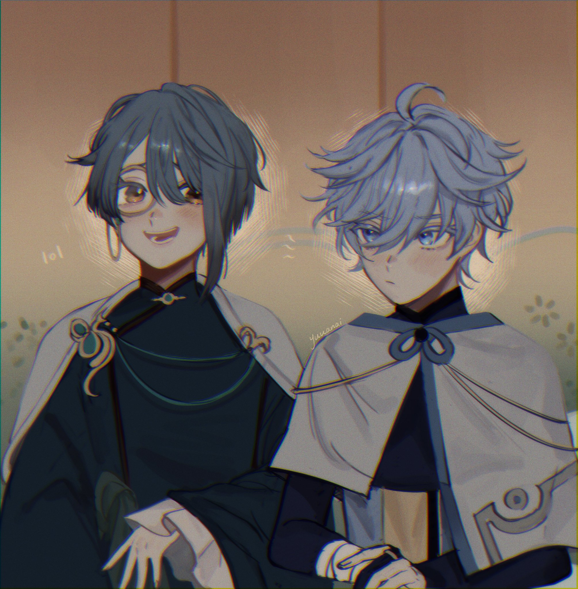 the image is a digital artwork of two anime boys. both are standing, with their hands clasped together. the boy on the left is smiling and looking at the camera. the boy on the right has white hair and is looking towards the left. both boys are dressed in elaborate outfits that appear to be from some kind of fantasy world. the artwork is detailed and colorful. the two boys appear to be in a romantic relationship.