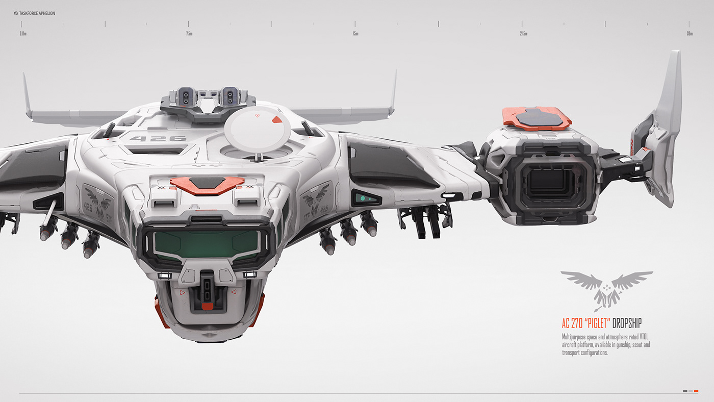 a white futuristic spaceship with red accents and a green screen is in the center of the frame, facing down. the craft is hovering and is positioned against a white background with measurements in meters on the top. the image is a digital illustration, possibly a 3d render, of a scifi spacecraft. it has a sharp angular design and features a large central cockpit, a small dish antenna, and a variety of weapons systems. the word "piglet" and its designation "ac 270" are in the lower right corner along with a description of its functionality.  a stylized eagle with an eye in the middle is at the bottom center of the image.