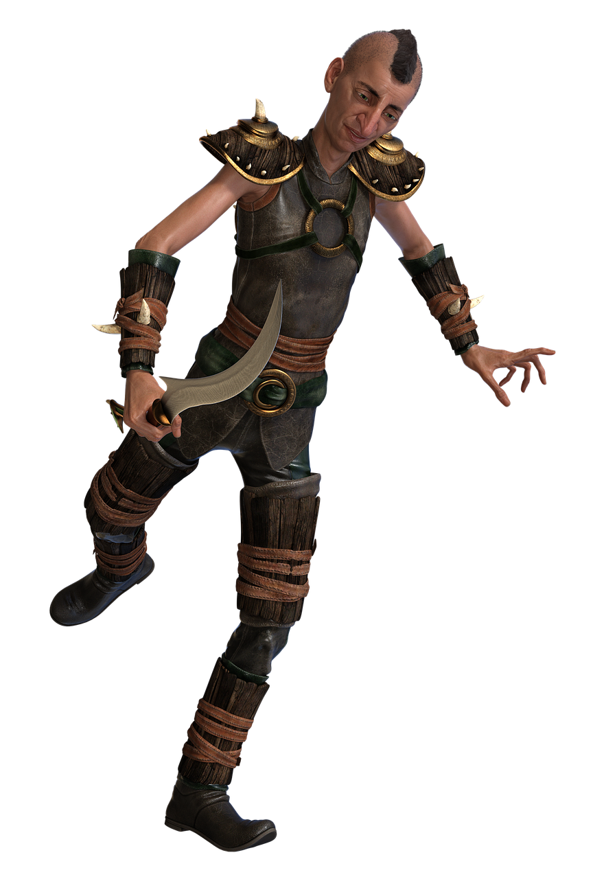 a fantasy warrior character with a mohawk, wearing leather armor, spiked bracelets, and boots, holding a dagger, is shown in a fullbody pose against a black background.