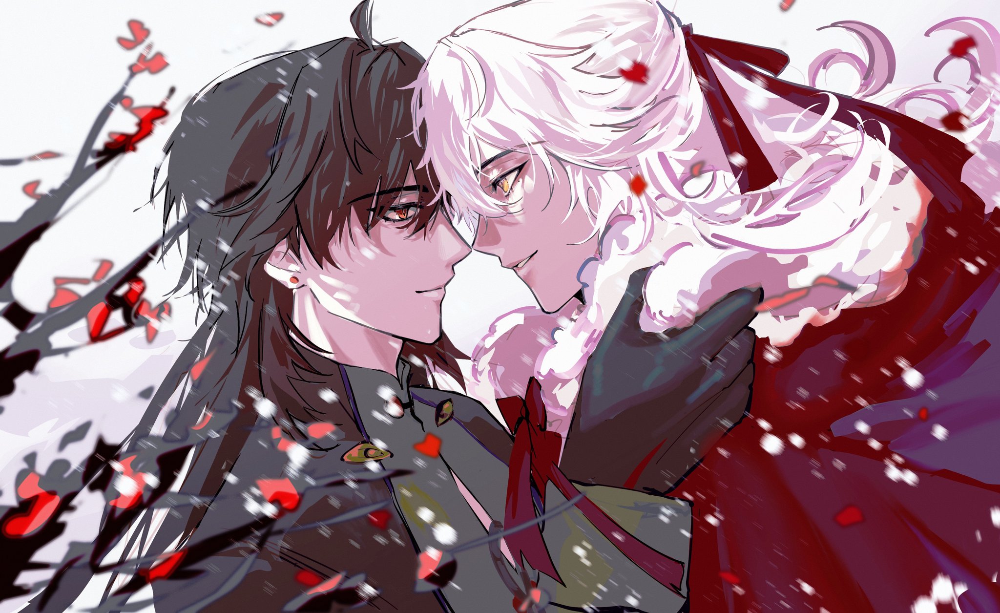 this is a digital art piece of two anime men, one with black hair and one with white hair, gazing lovingly at each other. the man with the black hair has a delicate and feminine appearance with long flowing black hair. he is wearing a dark brown coat, with golden details, and his eyes are bright and full of love. the man with the white hair has a more masculine appearance with a handsome face and a strong jawline. he is wearing a red cloak, and his eyes are full of longing.  the scene is set in a snowy winter forest, with falling snow and white blossoms surrounding them. the overall tone of the image is soft and romantic, with a sense of love and connection between the two men.  the art style is digital and beautifully drawn, with soft shading and vibrant colors. the detail in the characters' faces, hair, and clothing is impressive, creating a sense of realism and life. the overall piece evokes a feeling of intimacy and warmth, capturing a moment of shared love and affection between two people.