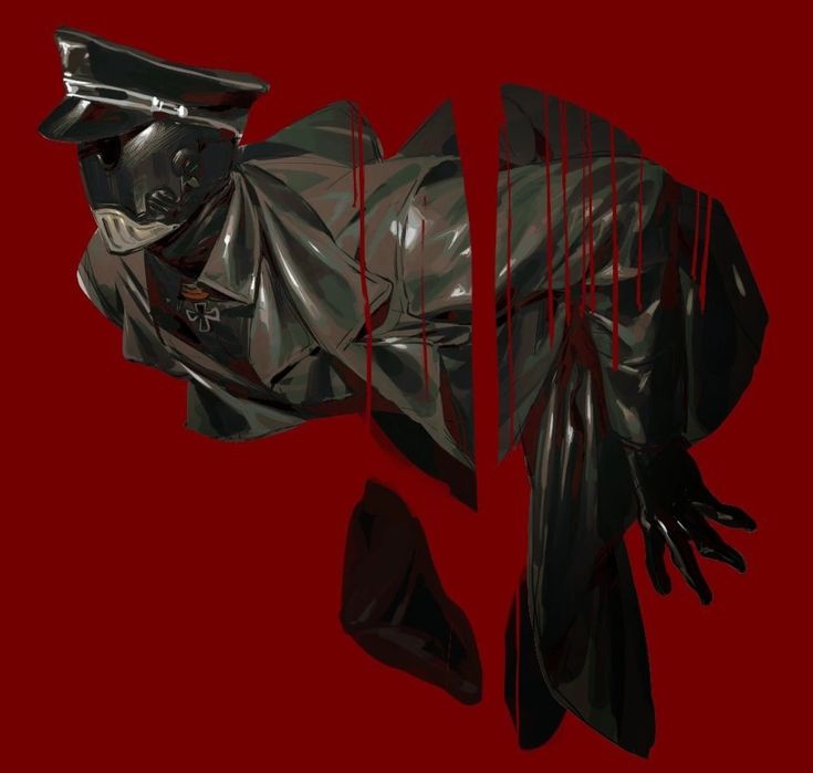 the image is a digital artwork depicting a figure in a dark nazi uniform. the figure is wearing a hat and a mask, and there appears to be blood on the uniform and splattered around the figure. the figure seems to be dismembered with pieces floating apart. the background is a plain red color. the overall tone of the image is dark and unsettling.