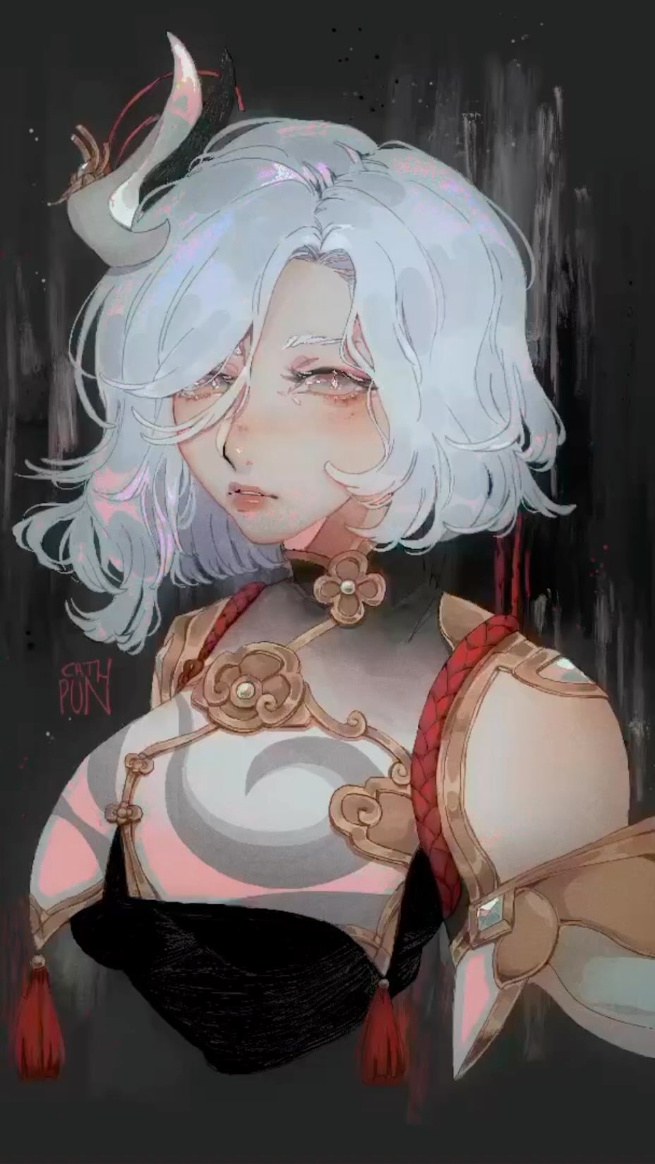 the image is a digital painting or illustration of a young woman, styled in an anime or manga aesthetic. she possesses short, white hair, pale skin, and expressive eyes. her clothing is elaborate and seems inspired by traditional east asian styles, featuring ornate details and gold accents.  a notable headdress with hornlike protrusions adds to her fantastical look. the overall mood is serene yet subtly melancholic, enhanced by the soft color palette and dark background. the style suggests a possible connection to video game art, potentially fan art of a character like yae miko from genshin impact.  the artist's signature is visible in the lower left corner.